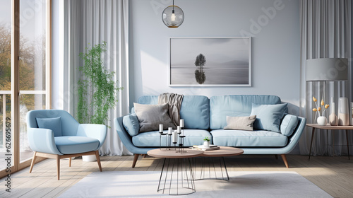 salon con sofa azul claro,pared blanca y cuadro.ilustracion de ia generativa
