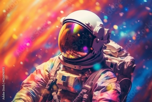 Cosmonaut or astronaut in rainbow colors. Background with selective focus and copy space. AI generated, human enhanced