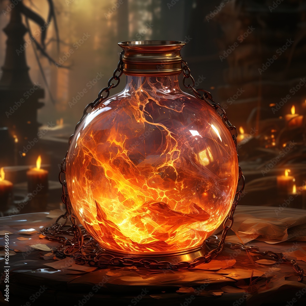 Magical potion of fireball, swirling red and orange flames in a bottle, d& d concept art, digital illustration Magical potion of fireball, swirling red and orange flames in a bottle, d& d concept art, digital illustration