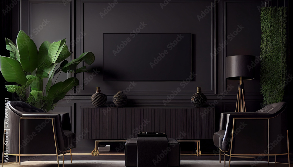 Fototapeta premium Modern luxury living room interior background, living room interior mockup, interior with black walls, dark interior of living room with black wall, chair, and wooden console, Ai generated image