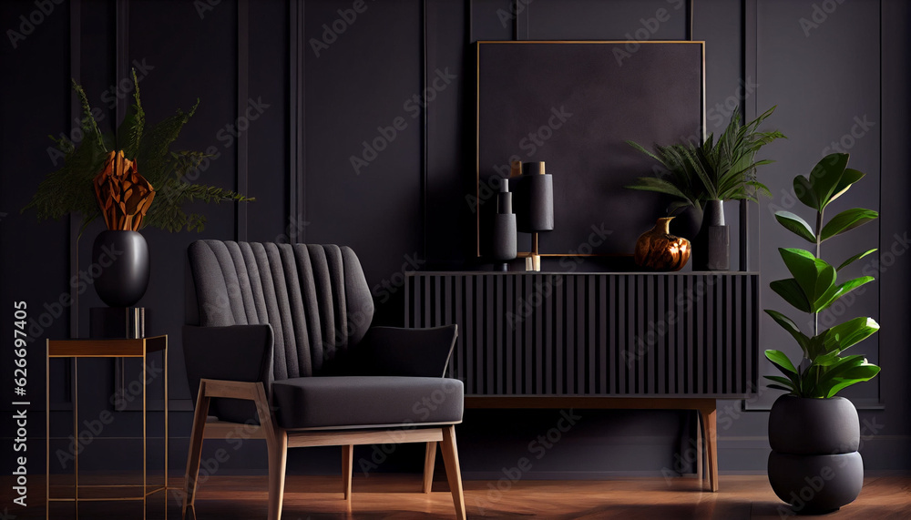 Fototapeta premium Modern luxury living room interior background, living room interior mockup, interior with black walls, dark interior of living room with black wall, chair, and wooden console, Ai generated image