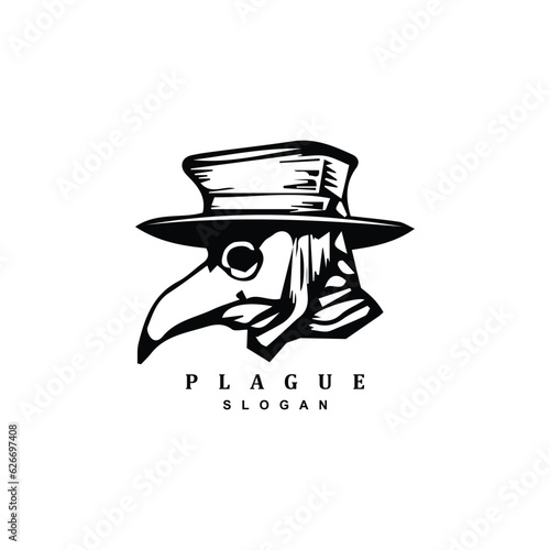 Vintage retro hand drawn plague doctor mask and hat logo design. Black death doctor head vector
