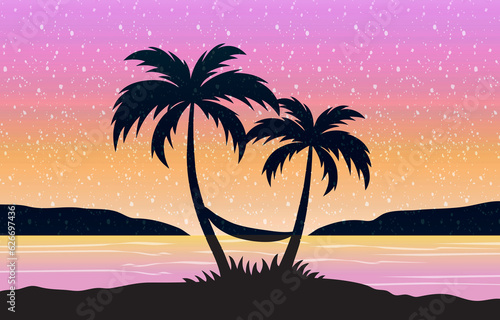 SUMMER STAR SUNSET TROPICAL PALM TREE ISLAND ARTWORK BACKGROUND