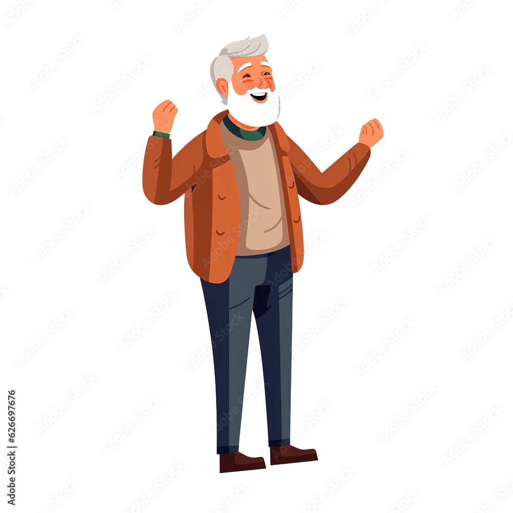 Happy Senior Man with Beard Standing and Smiling. Flat graphic illustrations isolated on white background