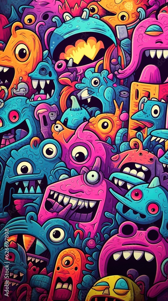 Fototapeta premium Flat cute doodle monsters pattern