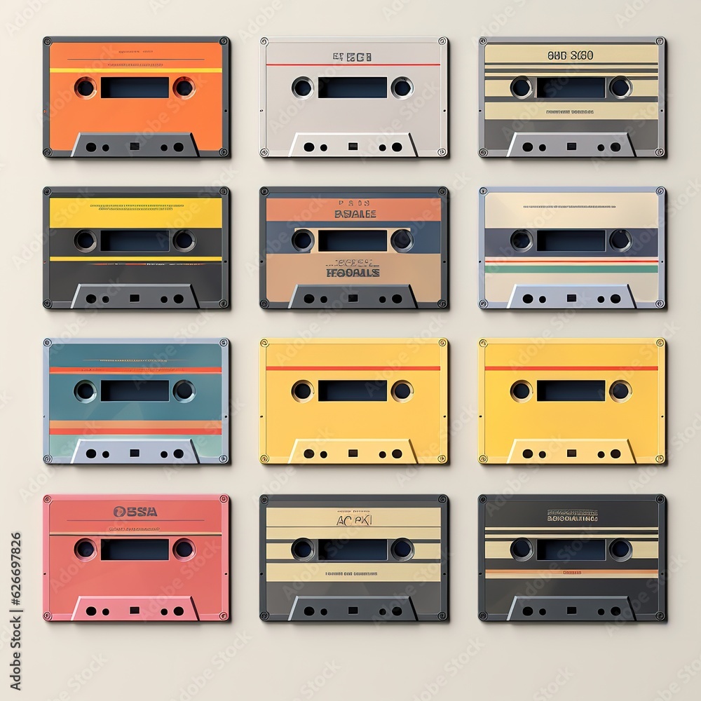 Obraz premium Old cassette tape collection with blank label mockup templates