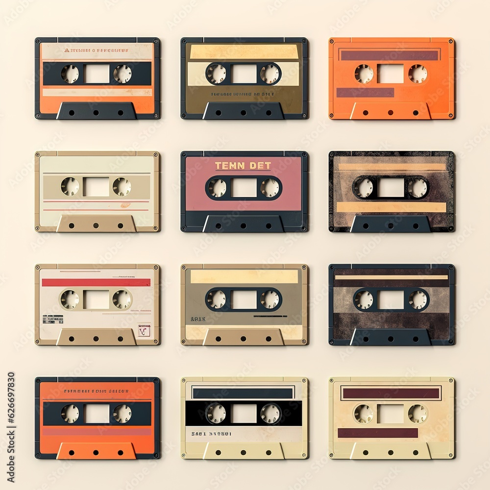 Naklejka premium Old cassette tape collection with blank label mockup templates