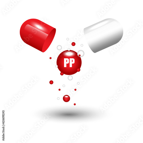 Open capsule pill with falling out molecules. Nicotinic acid, PP vitamine. Vector illustration. EPS 10.
