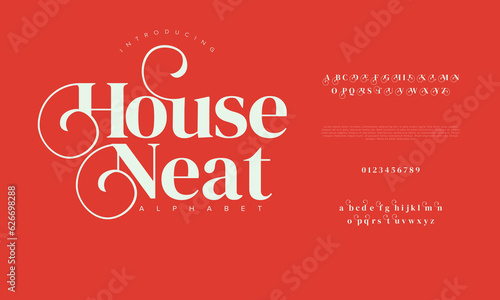 House neat premium luxury elegant alphabet letters and numbers. Elegant wedding typography classic serif font decorative vintage retro. Creative vector illustration