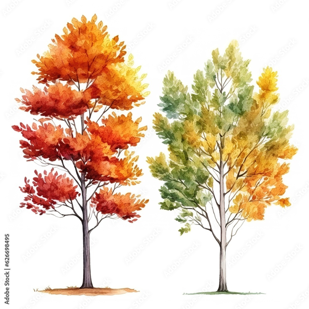 set of Tree and autumn leaves painted in watercolor on a white isolated background