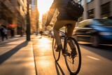 a young american man riding a bicycle on a road in a city street. blurry city in the background. golden hour day time. Generative AI