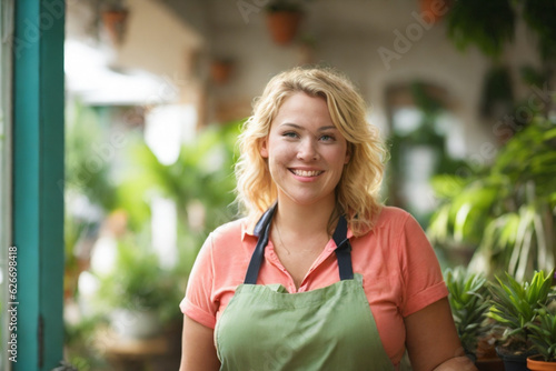Waist up portrait of smiling blonde female gardener wearing an apron looking at camera while standing in a nursery