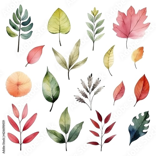 set of leaves and nature elements painted in watercolor on a white isolated background