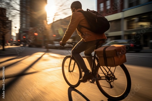 a young american man riding a bicycle on a road in a city street. blurry city in the background. golden hour day time. photo taken from behind. a courier delivering a box. Generative AI