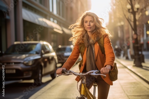 a young beautiful blonde american woman riding a bicycle on a road in a city street. blurry city in the background. golden hour day time. Generative AI © SayLi