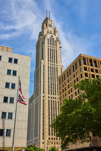 American and Ohio flags with LeVeque Tower in background