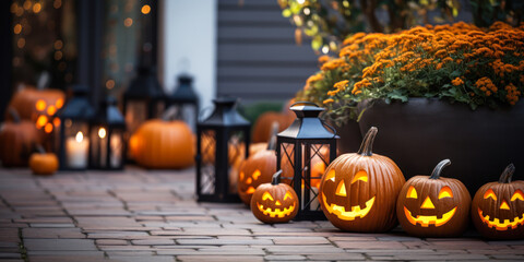 Lit Halloween pumpkins on front porch, exterior home decorations, seasonal decor