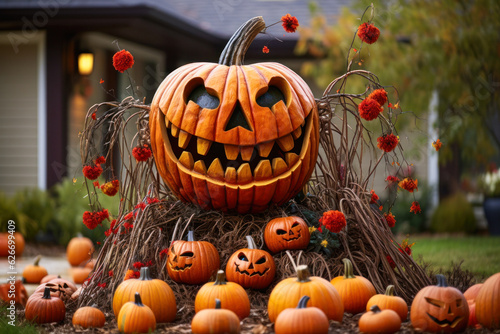 Spooky carved Halloween pumpkin, exterior seasonal decoration, home decor