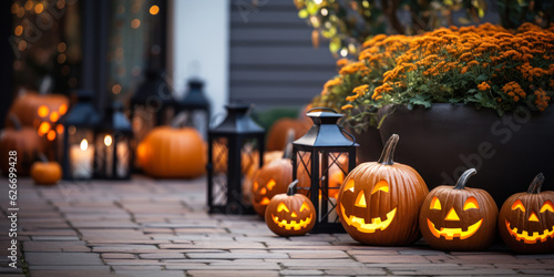 Lit Halloween pumpkins on front porch, exterior home decorations, seasonal decor
