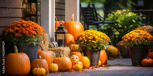 Fall pumpkins and flowers on front porch, home exterior decoration, seasonal decor