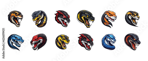 Set of Cobra Snake Mascot Logos, Variations of Cobra Snake Heads isolated on white background, Snake Logo Collection Vector illustration, King Cobra gaming mascot logos template