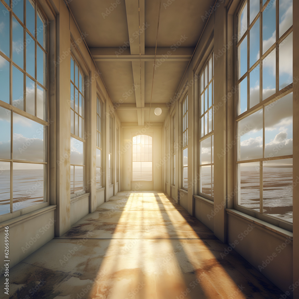 Big empty bright room with big windows, evening sky and colors background architecture graphic asset Generative AI