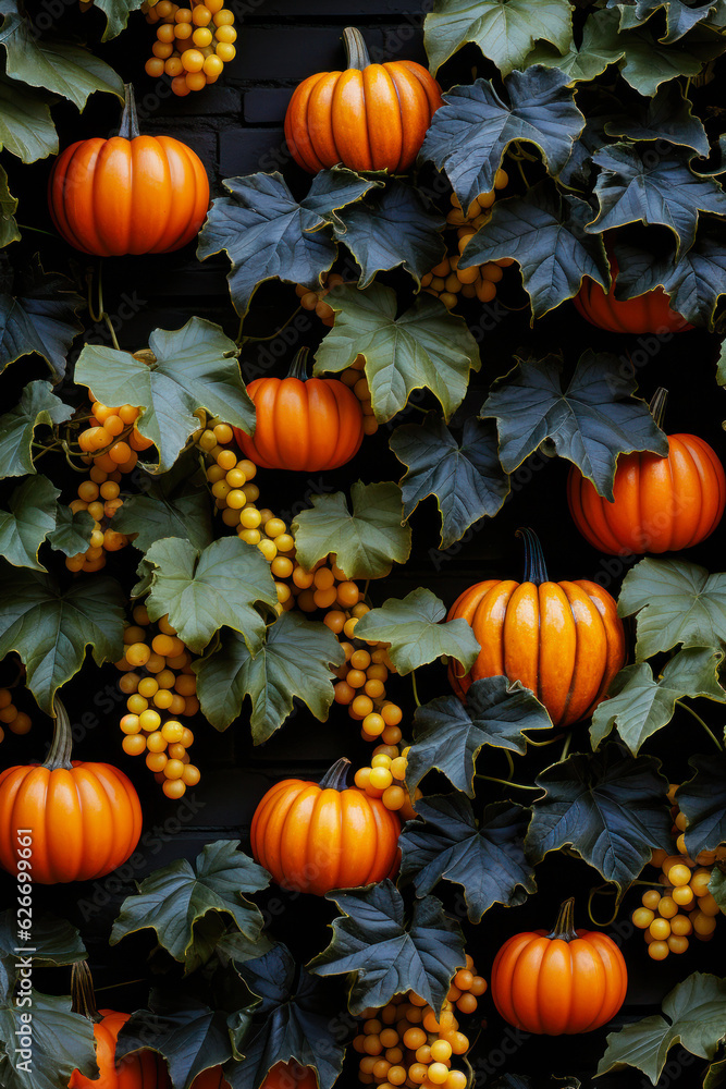 Fall pumpkins and leaves background, vertical Fall pumpkins and leaves background, vertical