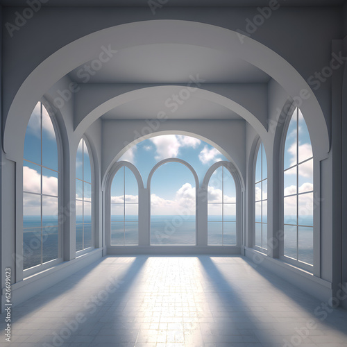 Big empty bright room with big windows and blue sky, background architecture graphic asset Generative AI