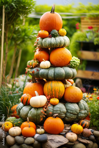 Fall pumpkin gourd topiary stack  exterior home decor  Halloween seasonal decorations  vertical
