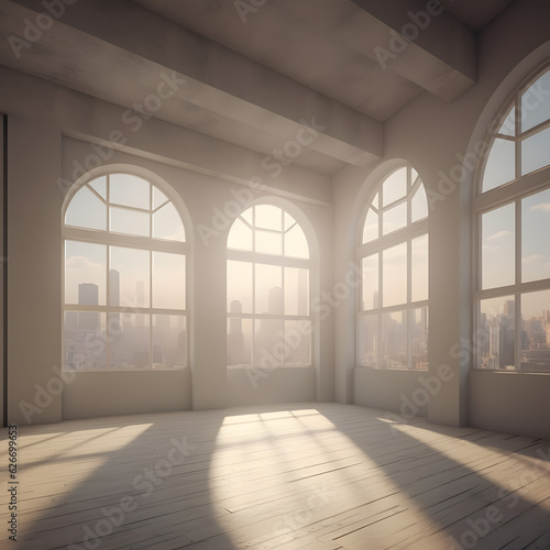 Big empty bright room with big windows and blue sky  background architecture graphic asset Generative AI