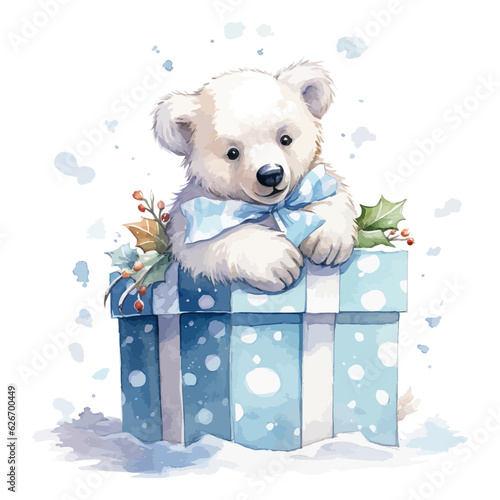Cute polar bear cartoon with gift box in watercolor painting style