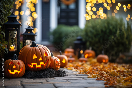 Halloween pumpkins jack o' lanterns on front porch, exterior home decor, seasonal decorations