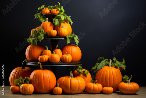 Fall pumpkins on tiered display stand with black solid color background, interior home decor, Halloween seasonal decorations