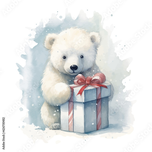 Cute polar bear cartoon with gift box in watercolor painting style