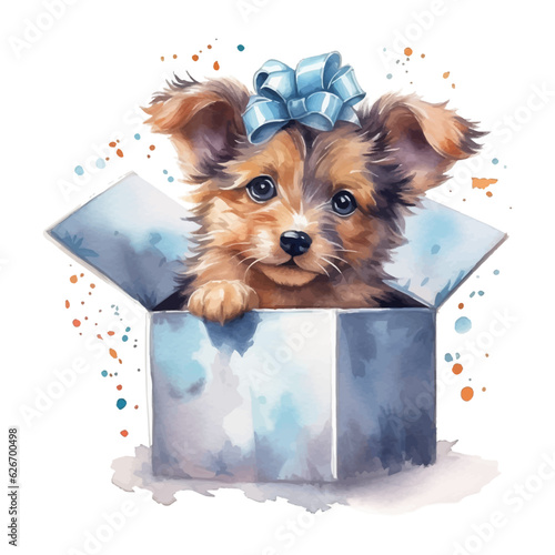 Cute dog cartoon with gift box in watercolor painting style
