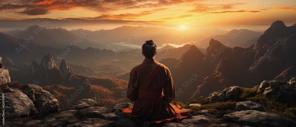 Meditating Monk on Mountain Peak - Tranquil Zen Moment Overlooking Majestic Sunrise, Rugged Landscapes and Misty Valleys Meditating Monk on Mountain Peak - Tranquil Zen Moment Overlooking Majestic Sunrise, Rugged Landscapes and Misty Valleys