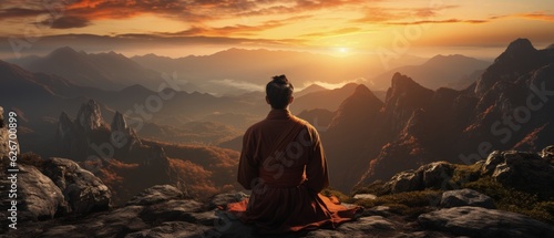 Meditating Monk on Mountain Peak - Tranquil Zen Moment Overlooking Majestic Sunrise, Rugged Landscapes and Misty Valleys