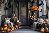Halloween pumpkins jack o' lanterns, flowers and chairs on front porch, exterior home decor, seasonal decorations, gray and white
