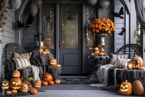 Photo Halloween pumpkins jack o' lanterns, flowers and chairs on front porch, exterior