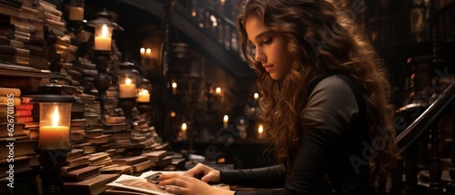 Enchanted Library: Captivating Young Woman Immersed in Ancient Tome Amidst Candlelit Bookshelves photo