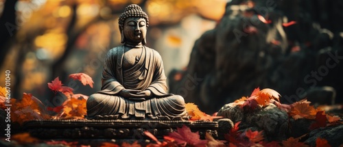 Artistic Buddha statue in lotus position outdoors, surrounded by autumn leaves, hinting at spiritual context and serenity