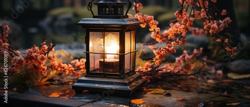 Outdoor lantern with glowing candle, symbolizing hope and serenity amidst darkness.