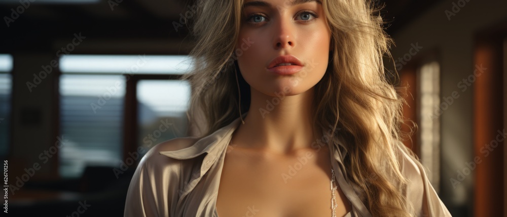 Alluring Portrait: Striking Young Woman with Wavy Blonde Hair and Intense Gaze in Soft Indoor Lighting Alluring Portrait: Striking Young Woman with Wavy Blonde Hair and Intense Gaze in Soft Indoor Lighting