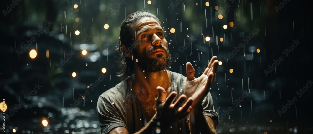 Man Embracing Rain - Reflective Moment Amidst Nature with Glistening Droplets and Ethereal Lights