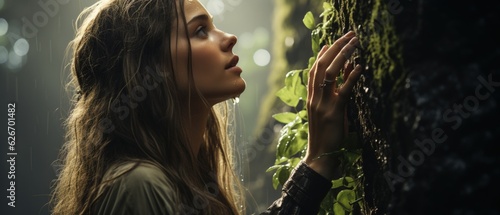 Mystical female in forest ambiance, touching dew-kissed green ivy, looking up, sense of wonder, soft natural light.

