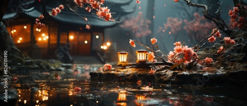 Magical nocturne of a traditional Asian temple next to a reflecting pond with lanterns and blooming flowers.