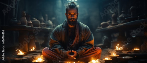 Enigmatic Man in Candlelit Quest Room - Atmospheric Zen, Meditating Concept with Man in Traditional Asian Clothings and Beard