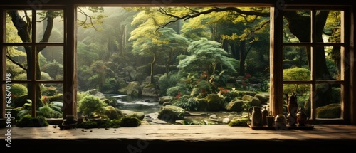 Serene overview from an ancient wooden window onto a lush Japanese garden with stream and rocks.