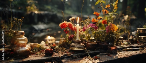 Rustic woodland altar adorned with vibrant flowers, illuminated candles, and ritualistic artifacts, capturing a magical aura.