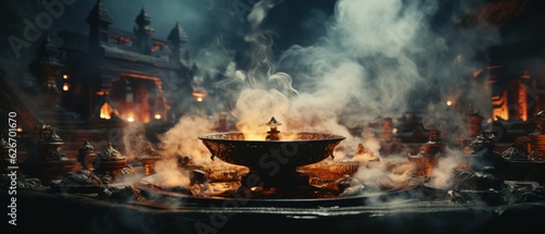 Mystical temple setting with burning incense bowl, ethereal smoke creating an ambiance of reverence.

